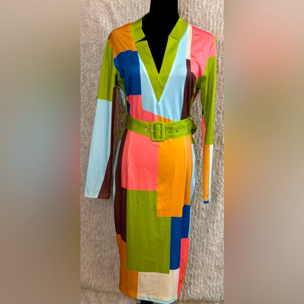 Chicme-colorful midi dress, fun mix of pinks, lime green and brown, SZ L